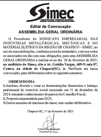 SIMEC - Sindicato das Indústrias Metalúrgicas, Mecânicas e do Material Elétrico de Chapecó/SC -