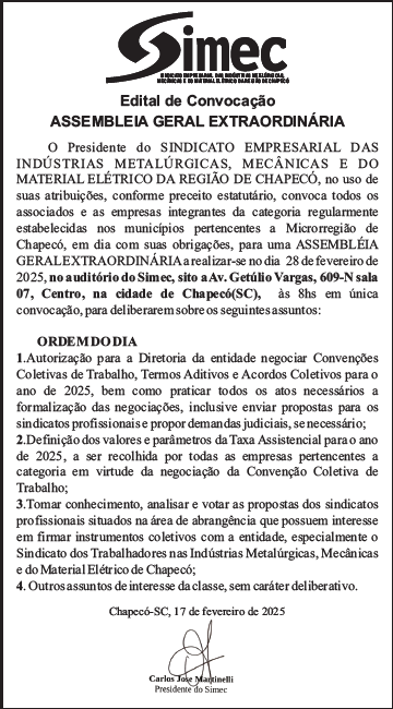 SIMEC - Sindicato das Indústrias Metalúrgicas, Mecânicas e do Material Elétrico de Chapecó/SC -