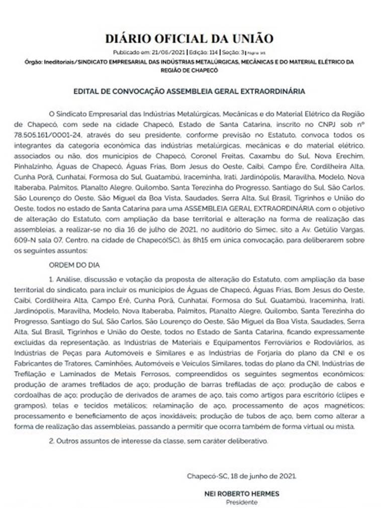 SIMEC - Sindicato das Indústrias Metalúrgicas, Mecânicas e do Material Elétrico de Chapecó/SC -